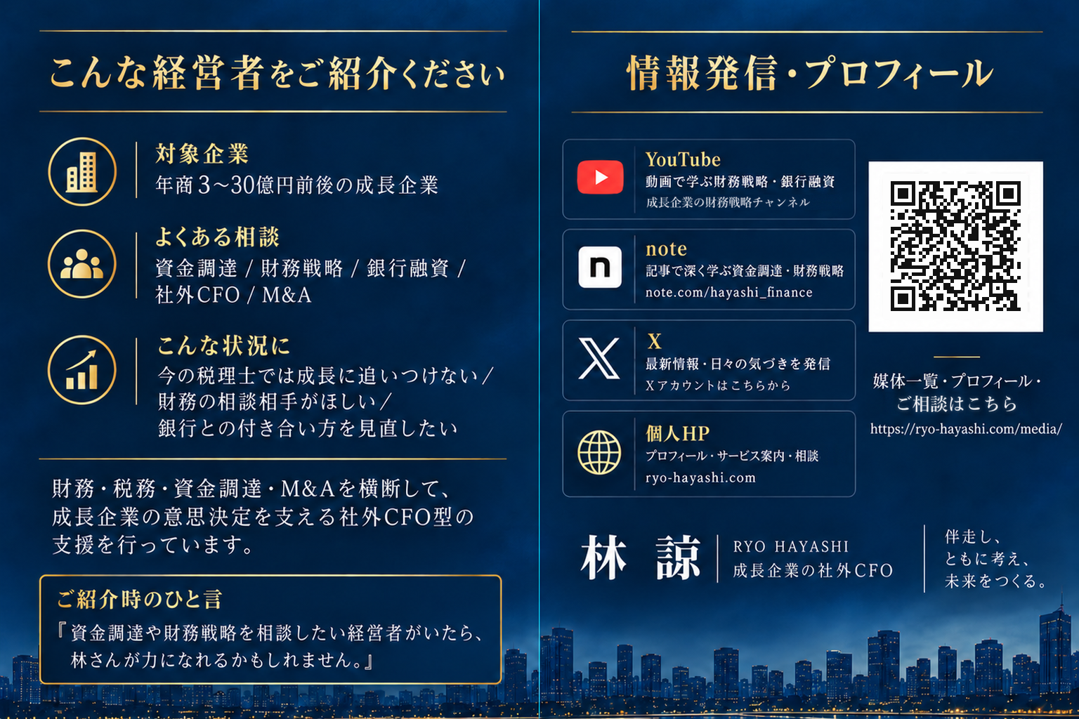 林 諒の紹介カード裏面。対象企業、よくある相談、YouTube・note・X・個人HPの一覧と、媒体一覧・プロフィール・ご相談の窓口につながるQRコードを掲載。
